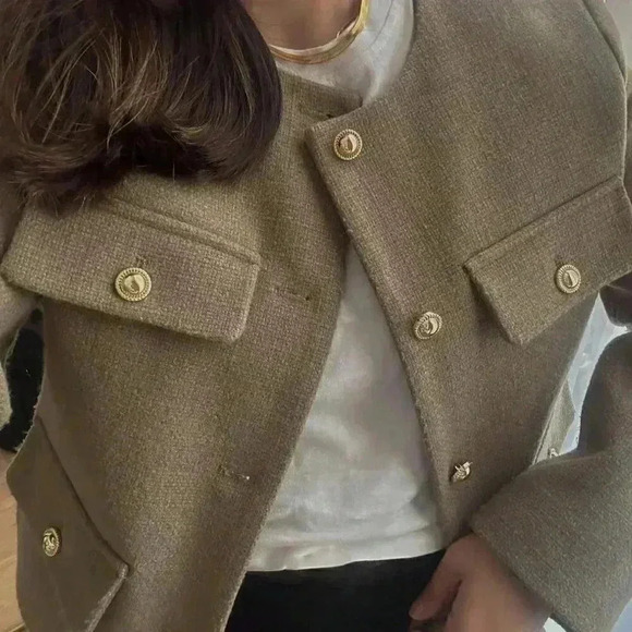 Khaki Casual Women's Tweed Jacket Round Neckline Decorated Long Sleeves Coat - Picture 4 of 8